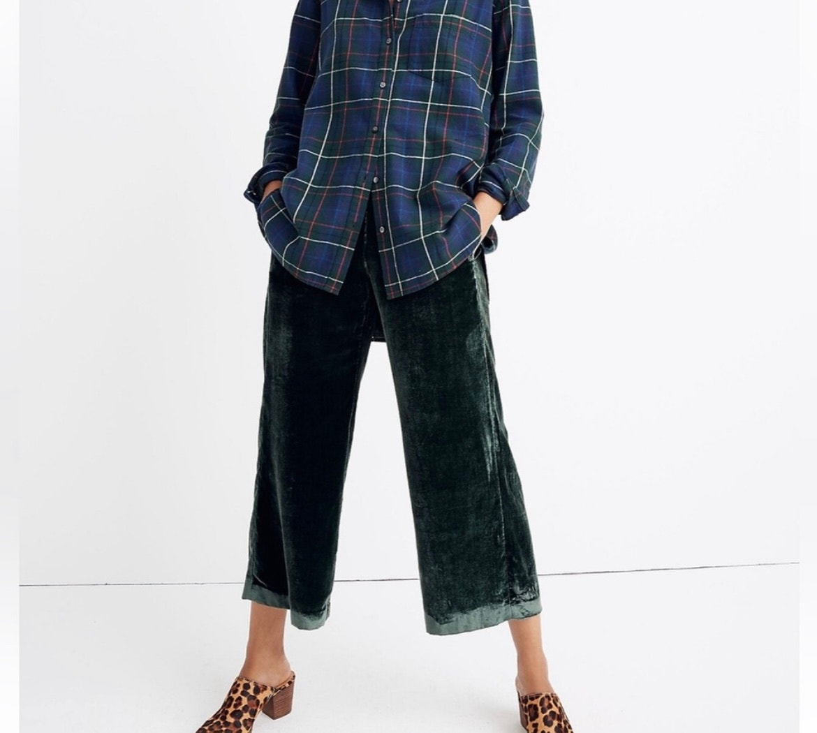 Madewell Huston Green Festive Velvet Pull On Wide Leg Crop Pants - S